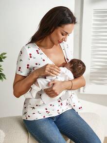 SHEIN 孕妇及哺乳期樱桃印花翻领短袖上衣 - 紅白色 - 查看 6