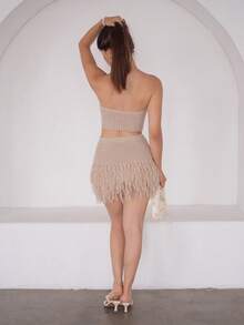 Andrea Bello 女士度假两件套：针织纹理毛衣和流苏金属装饰迷你裙，适合派对、约会、海滩度假、夏季穿搭、假日、下午茶、婚礼季、邮轮旅行、城市之旅、波西米亚风度假、音乐节等场合。 - 卡其色 - 查看 2