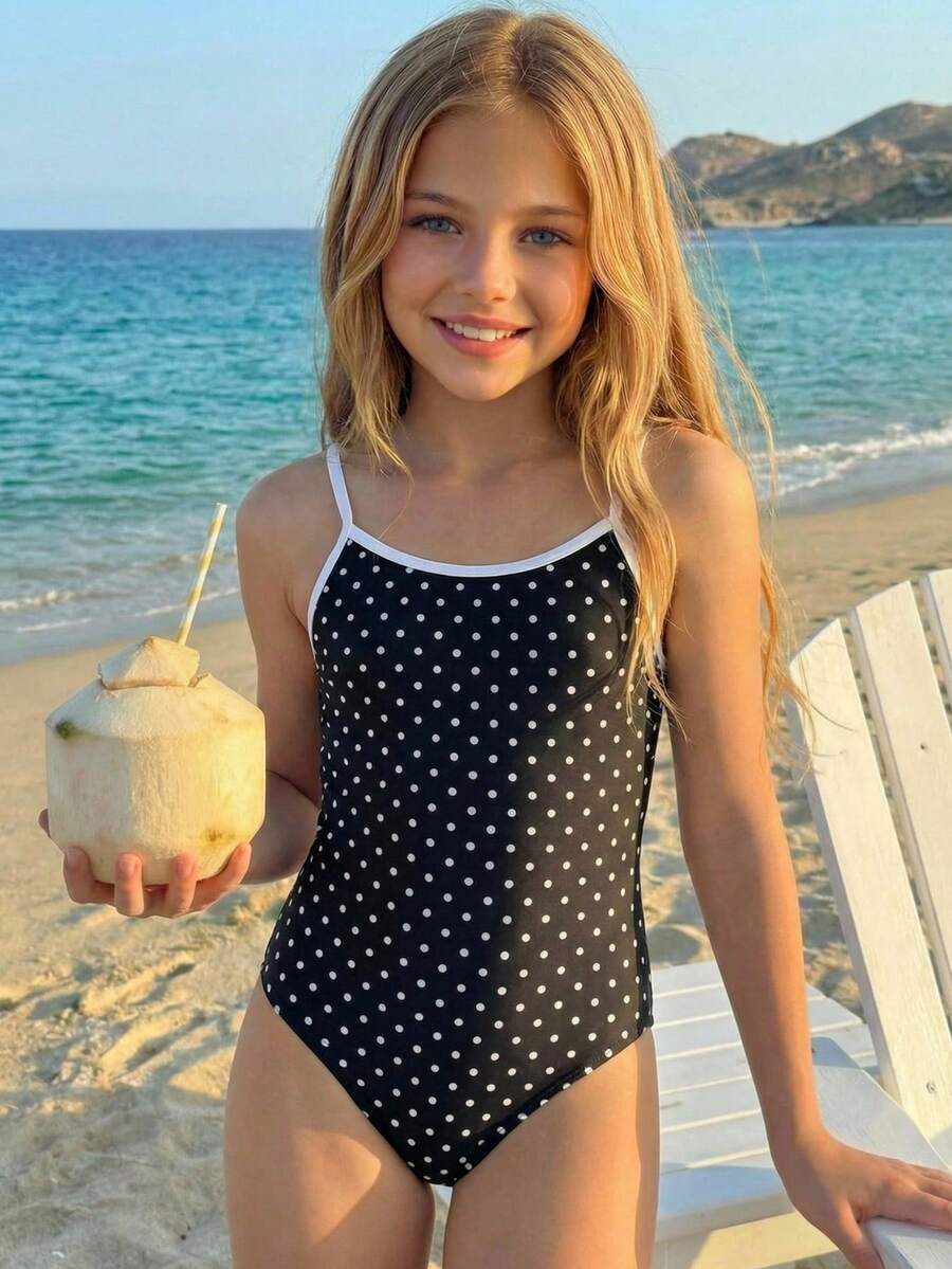 SHEIN 少女/青少年女孩黑白波点连体泳衣，简约连体泳装，适合海滩度假和夏季穿着 - 黑與白 - 查看 1