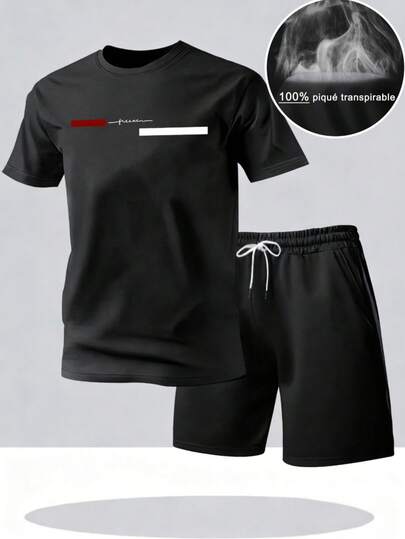 Hombre002ZDy007 Conjunto Corto Deportivo Masculino Envío Desde México, Camiseta Y Pantalón Corto Negros Transpirables, Ideal Para Deportes De Equipo, Running Y Entrenamientos Diarios, Prenda Veraniega Duradera