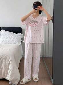 DAZY 女士波点卡通印花V领短袖上衣和长裤睡衣套装 - 白色 - 查看 3