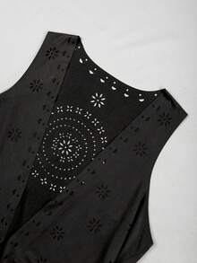 Franclia Casual Elegant Boho Americana Vacation Hollow-Out Embroidered Suede Fringe Sleeveless Jacket Vest For Plus Size Women - Black - View 3