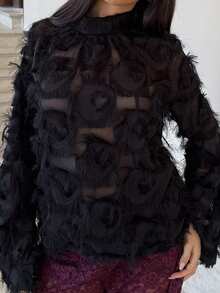 Hitanina 女士时尚黑色毛绒长袖衬衫 - 黑色 - 查看 5