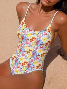 Swim Vcay 女士春夏沙滩音乐节海洋生物印花交叉绑带褶皱细肩带美背度假休闲连体泳衣 - 彩色 - 查看 1