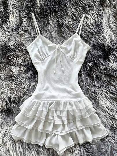 Glimmora Women's White Spaghetti Strap Layered Cake Dress, Ballerina Style, Sweet Waist Cinched Short Dress