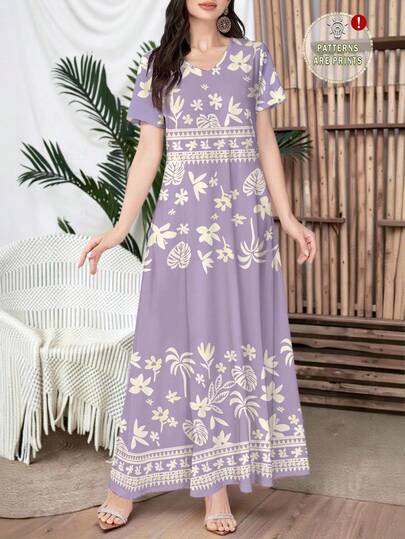 Al Najma Women's Purple Elegant V-Neck Spring/Summer Knit Short Sleeve Floral Print Dress, Suitable For Wearing Alone Or As A Slip Dress, Suitable For Dates, Vacations, Daily Wear, Casual, Parties, Festivals