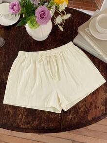 Comfortcana Women's Casual Loose Drawstring Solid Color Shorts, Versatile Daily Wear Cream Linen Shorts - Cream - View 5