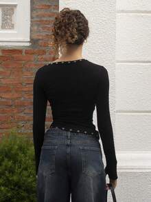 juhmazzocco Áo thun nữ tay dài cổ bẻ dáng ôm thoải mái - màu đen - Xem 2