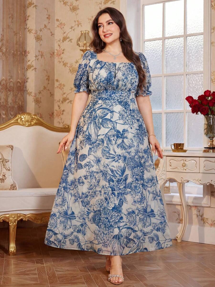 Reflora 大码女式印花褶皱腰身优雅派对连衣裙
