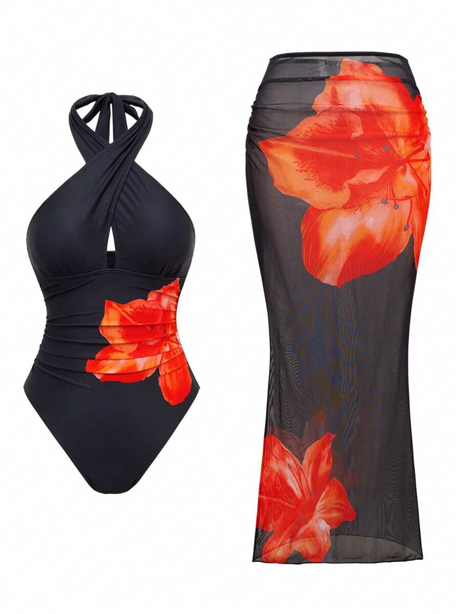 Swim Oasis 女士印花露背吊带裙泳衣 - 黑色 - 查看 1