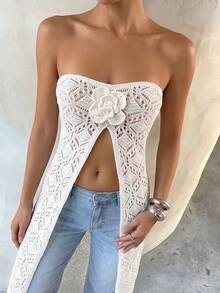 Selianne New Spring/Summer Sexy Vacation Style Hollow-Out Cropped Halter Slit Long Top, Designed 3D Floral Women Knit Blouse - Beige - View 5