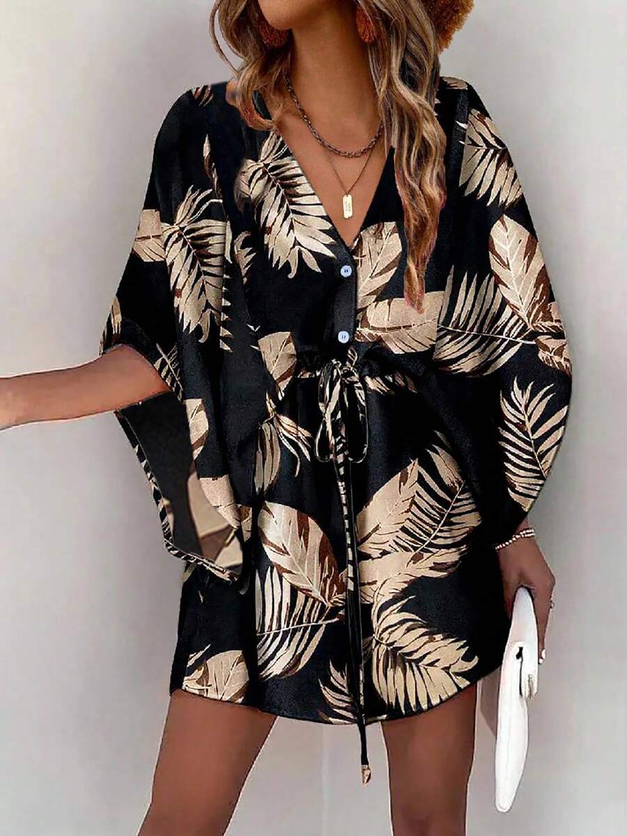 SHEIN LUNE Vestido Tropical Con Estampado De Botones Y Media Tapeta Para Mujer - Negro - Ver 1