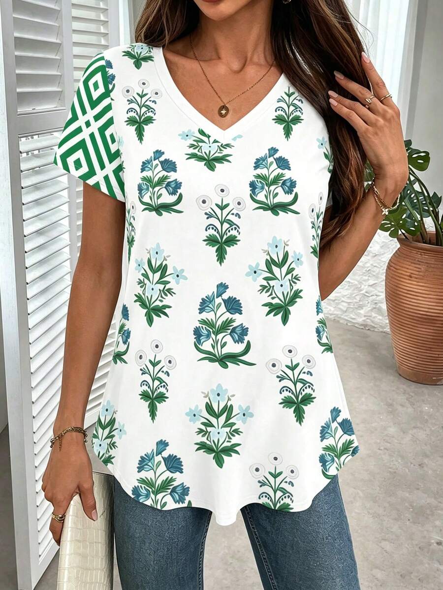 EMERY ROSE Plus Size Solid Half Sleeve Casual V Neck T-Shirt For Summer Gym Brown - Multicolor - View 1