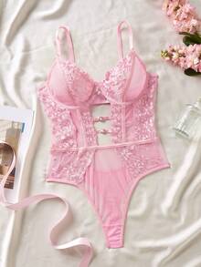 Seduluxe 1 Stück Damen Sexy Lingerie Jumpsuit mit floraler Stickerei und Mesh - Pink - Übersicht 3