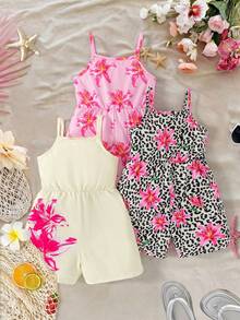 SHEIN Elladie kids 3件組少女夏季新款花卉滿版印花純色連身褲，極簡時尚度假風連身衣 - 彩色 - 查看 6