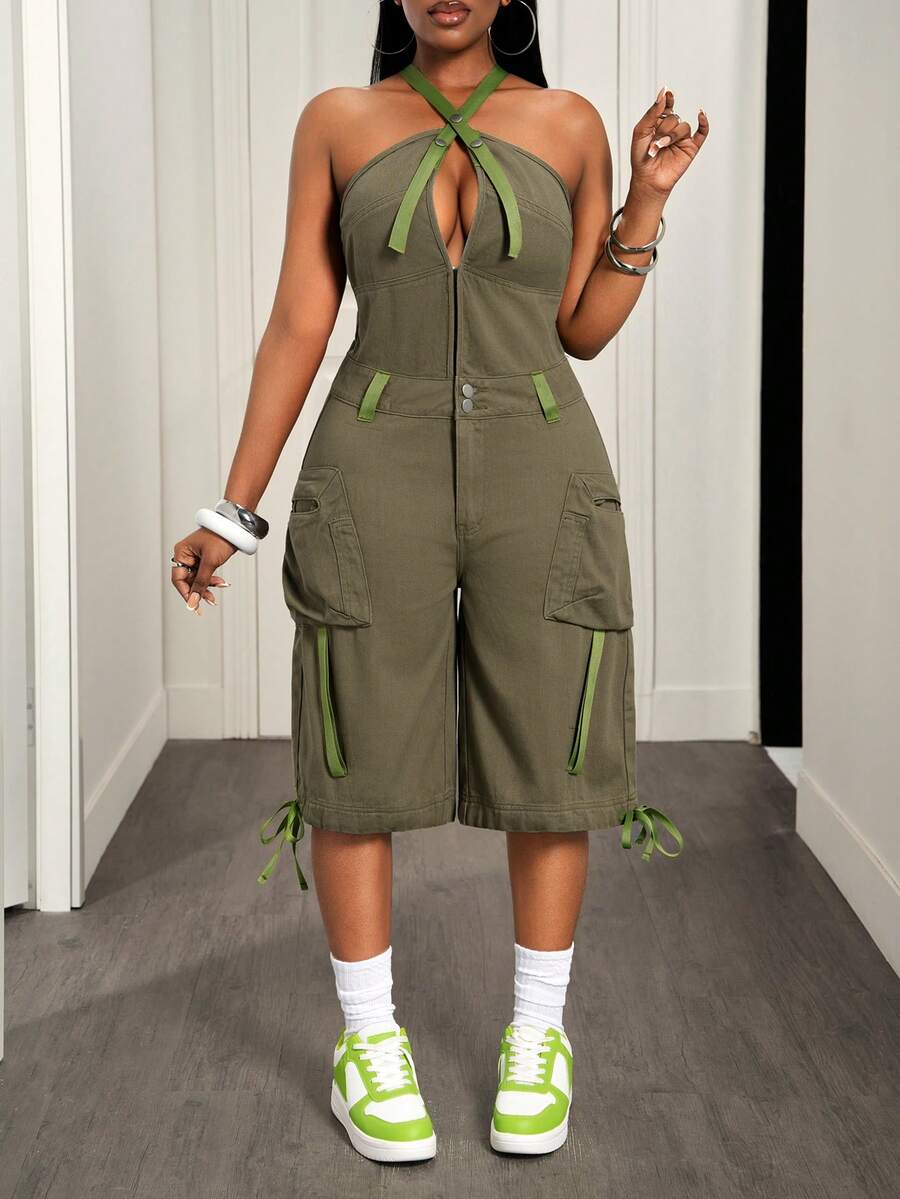 Slaydiva Women's Backless Halter Denim Jumpsuit - Army Green - View 1