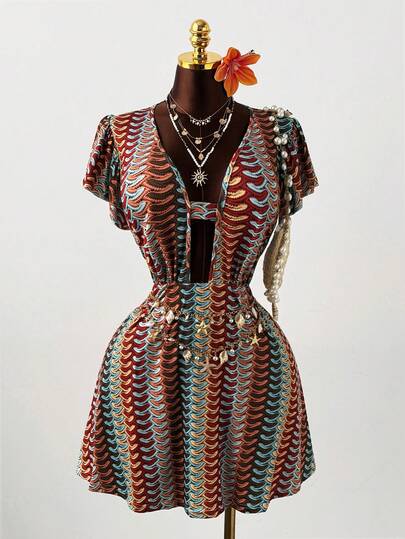 Sunspun Vestido mini de verano ajustado con cuello en V profundo, manga corta, volantes en el bajo y estampado de piel de imitación colorida para mujer de talla grande