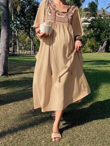 Đầm bầu thanh lịch với tay áo xếp ly buộc dây, dáng dài, thích hợp cho mùa xuân/hè. - Màu Khaki - Xem 9