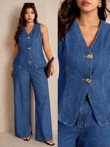 Elaquor Bộ đồ 2 món dành cho nữ cỡ lớn: Áo cổ chữ V cài một hàng khuy và quần jeans ống rộng, thích hợp mặc hàng ngày. - Rửa trung bình - Xem 2