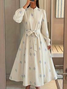 Modelyn 女士碎花系带连衣裙，立领长袖 - 白色 - 查看 2