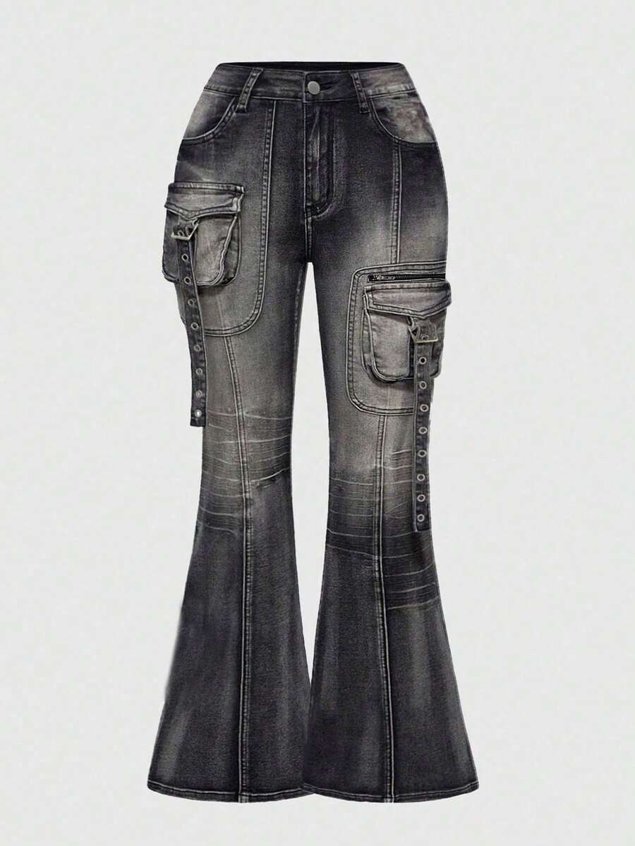 ROMWE Grunge Punk Jeans acampanados de talle súper bajo con remaches de metal desgastados para mujeres de talla grande - Gris - Ver 1