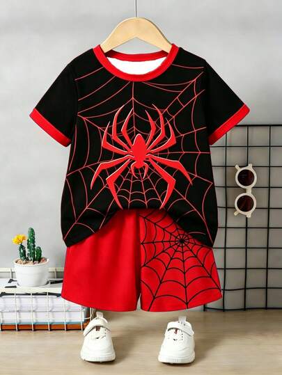 Bộ áo thun ngắn tay và quần short in hình nhện hoạt hình, thoải mái, phong cách, cá tính dành cho bé trai, thời trang đa năng, thích hợp cho mùa xuân/hè, mang đến không khí mùa hè, kiểu dáng mới, phù hợp cho chụp ảnh, mặc hàng ngày, đi chơi, nghỉ lễ, làm quà tặng.