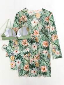 Swim Lushoire 3 conjuntos de Maiô Bikini Push Up com Estampa de Plantas e Kimono para o Verão na Praia - Verde - Visão 4