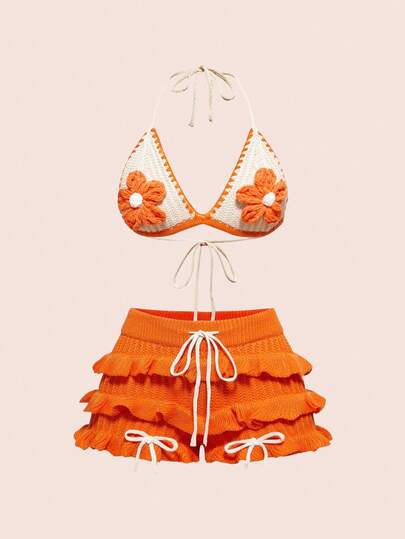 ROMWE Fairycore Vacation Style Handmade Crochet Floral Plus Size Bikini Knitted Set