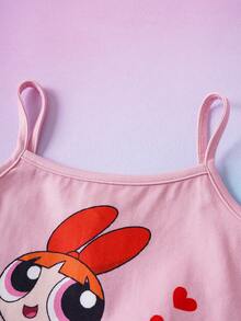 THE POWERPUFF GIRLS X SHEIN Set Piyama Minimalis Atasan Camisole dan Celana Pendek Kasual untuk Anak Perempuan - MultiWarna - View 3