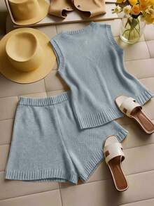 GlowEve Women's New Retro Single-Breasted Round Neck Solid Color Knit Sweater Vest Cardigan, Versatile Shorts Daily Outfit, 2-Piece Sweater Set - Baby Blue - View 2