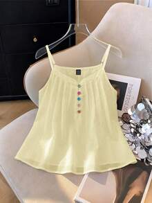 Franclia Women's Elegant Minimalist Solid Color Pleated Collar Colorful Button Decor Sleeveless Tank  Yellow Top - Yellow - View 1
