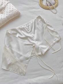 Comfortcana Pantalones cortos de verano con envoltorio de encaje de unicolor y lazo para mujer - Albaricoque - Ver 6