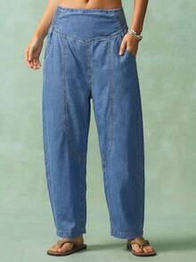 Bohemela Women's Solid Woven Denim Pants Vacation Light Blue Autumn Casual - Light Wash - View 5