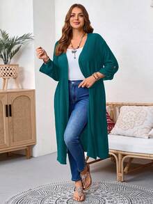 EMERY ROSE Chaqueta casual holgada de unicolor con bolsillos, versátil para uso diario en tallas grandes - Agua verde azul - Ver 4