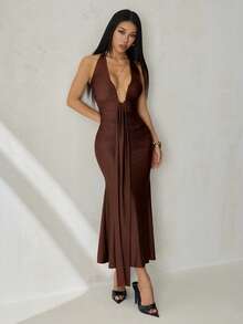 SHEIN PETITE 新款优雅深V领美人鱼连衣裙，适合派对、生日、酒吧、夜店、情人节、万圣节、圣诞节等场合 - 棕色 - 棕色 - 查看 6