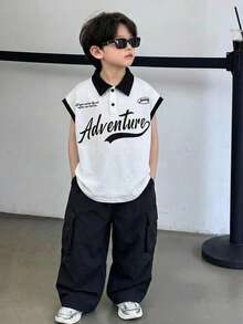 Kids Boy Casual Comfortable Patchwork Polo Shirt With Turndown Collar, Letter & Graphic Print - Multicolor - View 2