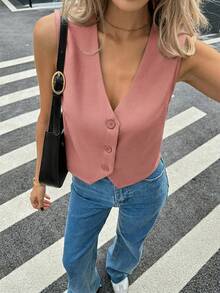 SHEIN PETITE CURVE Áo nữ cỡ lớn màu trơn, cài một hàng cúc, kiểu dáng thường ngày, đa năng. - Hồng - Xem 6