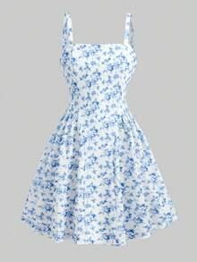 SHEIN Girlism 少女白色與藍色花卉優雅飄逸夏季迷你洋裝，度假生日茶會公主風套裝，適用訂婚派對、婚禮 - 藍色 - 查看 4