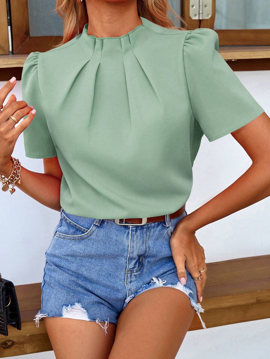 Pariaura 女士简约通勤纯色休闲褶皱短袖衬衫，夏季 - 綠色 - 查看 1