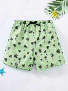 SHEIN 儿童/青少年男童休闲百搭舒适椰树印花拼接宽松内衬泳裤沙滩裤 - 綠色 - 查看 3