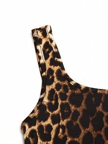 SHEIN 少女休闲日常豹纹无袖修身镂空舒适运动服 - 彩色 - 查看 4