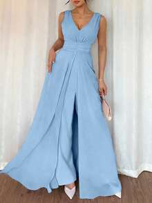Rafferiza Bộ jumpsuit ống rộng bằng chiffon đính ngọc trai, cổ chữ V, eo xếp ly, thanh lịch, thích hợp làm trang phục dự tiệc cưới, màu tím. - Màu xanh nhạt - Xem 4