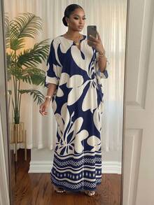 SHEIN Lady Vestido casual folgado com estampa floral e decote em V para mulheres plus size - Azul marinho - Ver 5