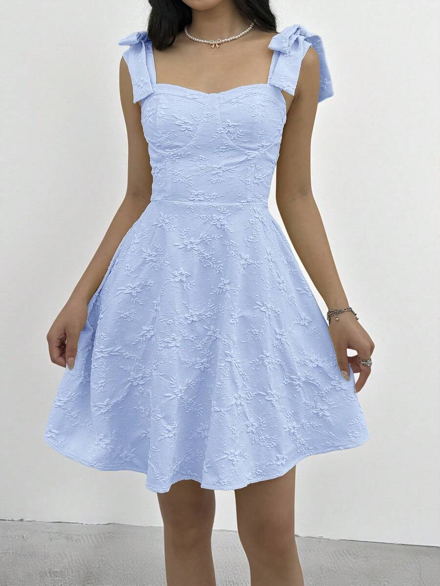 SHEIN Vestido casual minimalista y cómodo con lazo en la cintura para adolescentes - Azul - Ver 1