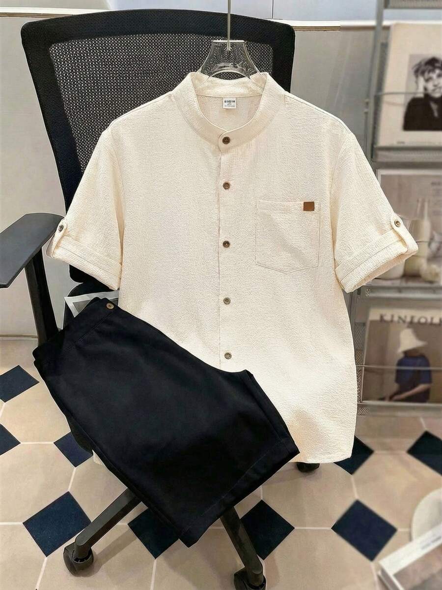 SHEIN 青少年男童休闲舒适纹理波浪条纹短袖衬衫短裤套装，春夏款 - 杏色 - 查看 1
