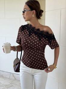 Rafferiza 女士波点露肩短袖褶皱腰衬衫，波点图案，棕色衬衫，休闲衬衫，优雅女士衬衫，通勤，夏季 - 棕色 - 查看 6