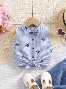 SHEIN Áo sơ mi ngắn tay kẻ sọc dệt kim kiểu dáng thường ngày dành cho bé gái - Màu xanh lam - Xem 1