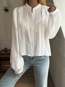 DAZY Women's Loose Solid Color Stand Collar Long Sleeve Elegant Summer Blouse - White - View 5