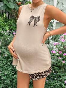 SHEIN Red,Summer,Smart Casual,Holiday Maternity Two-Piece Set:Round Neck Sleeveless Top With Bow Detail & Leopard Print Shorts With Adjustable Drawstring - Khaki - View 6