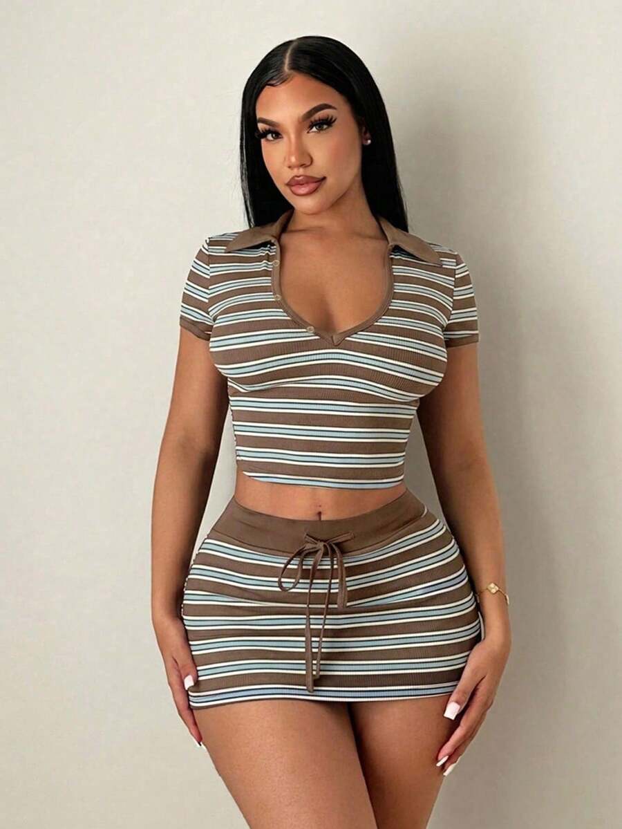 SHEIN SXY 休闲条纹性感翻领短裤套装 - 彩色 - 查看 1